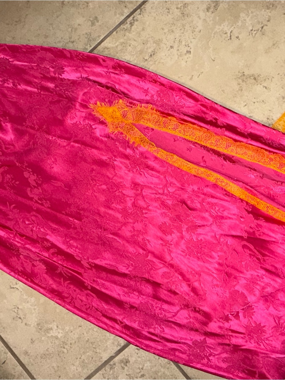 Fuchsia Satin Lace-Trim Maxi Skirt and top